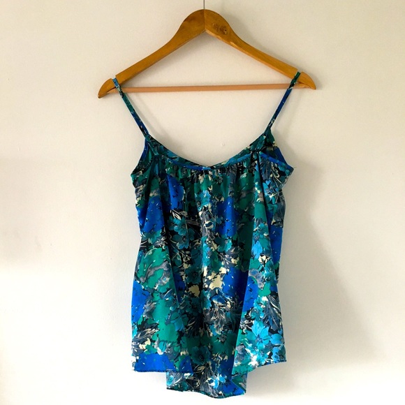 Silky Royal Blue Floral Spaghetti Strap Tank - Picture 2 of 5
